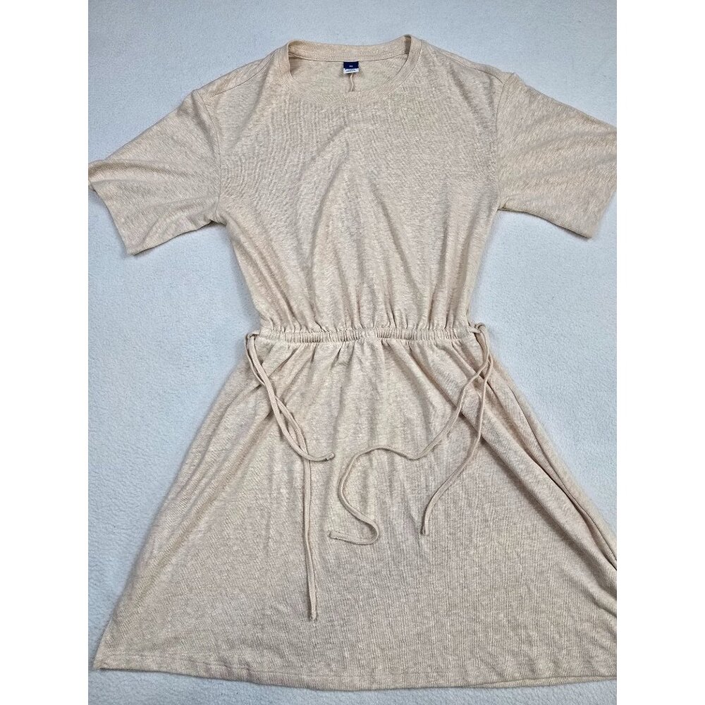 Old Navy XS Beige Linen Blend Short Sleeve Dress Cinched Drawstring Waist